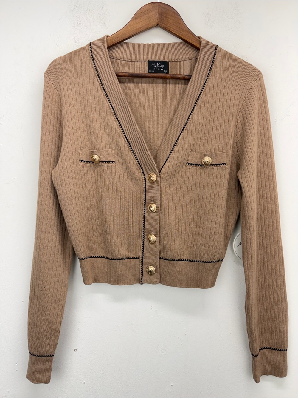 Milk & Honey size XL Juniors Tan Ribbed Cropped Knit V-neck Cardigan NWT